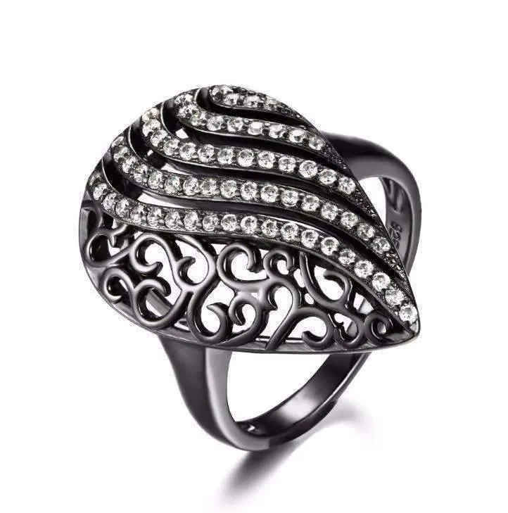 Ebony Swirl Black Gold Filigree and CZ Cocktail Ring