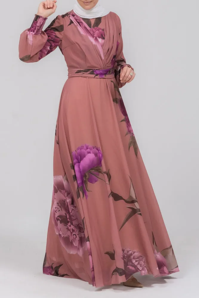 Eclat chiffon flared sleeve mock v-neck maxi dress in bold floral