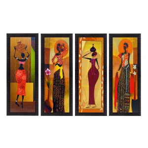 eCraftIndia 'Tribal Women' UV Art Painting (Synthetic Wood, 71 cm x 41 cm, Set of 4, Satin Matt Texture, C4FPB2118)