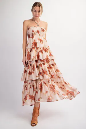 ECRU PRINTED SILKY VOILIE TIERED RUFFLE MAXI SKIRT OR DRESS