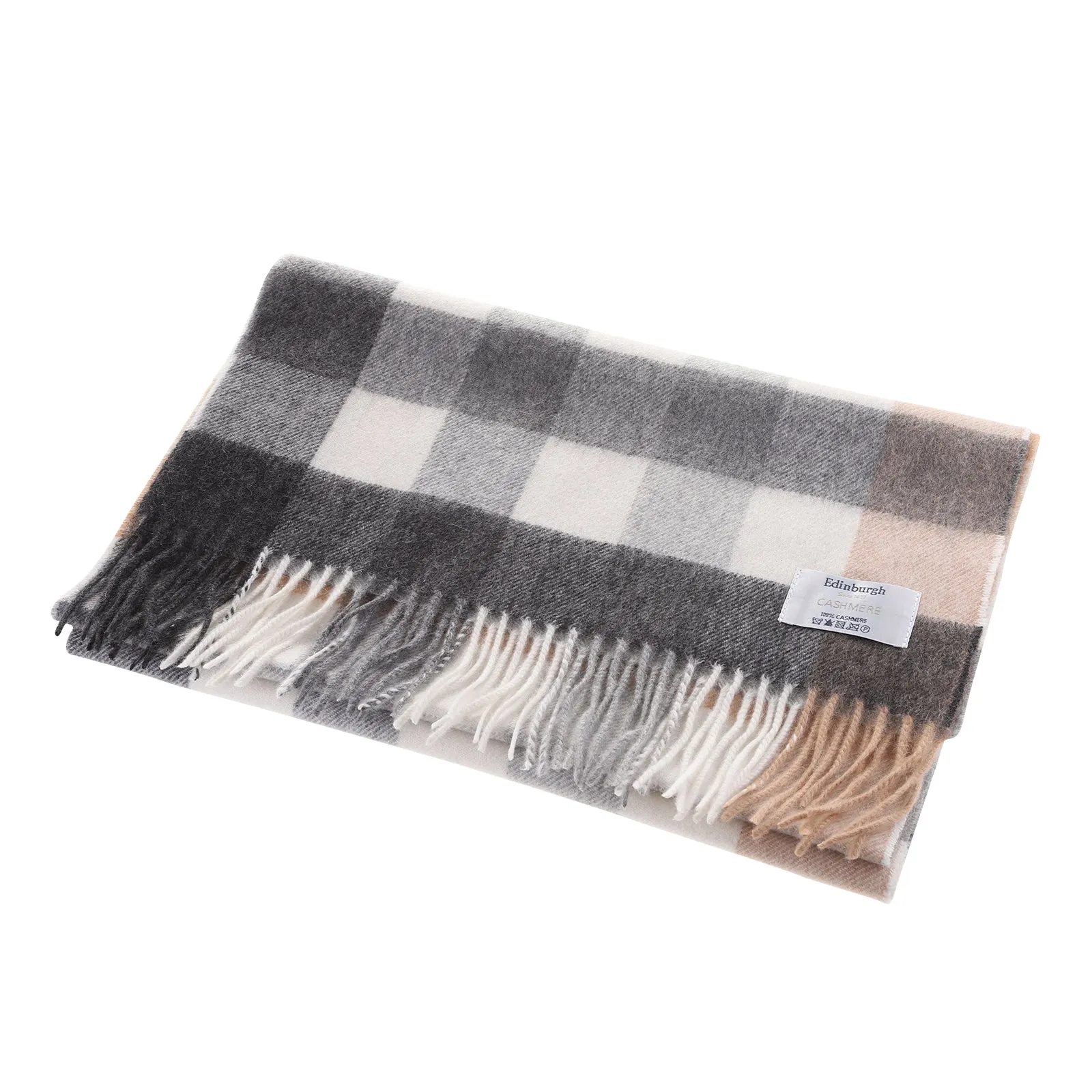 Edinburgh 100% Cashmere Wide Scarf  Giant Chequer  Natural