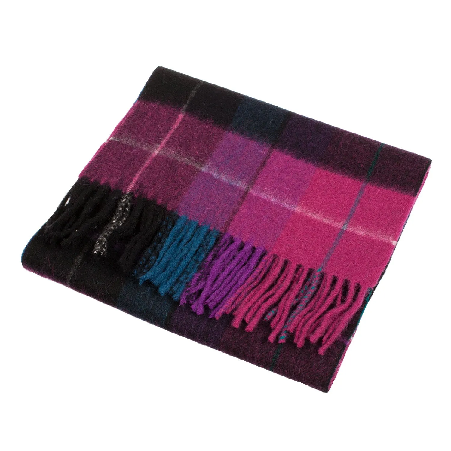 Edinburgh 100% Lambswool Scarf  Mixed Check - Magenta/Black