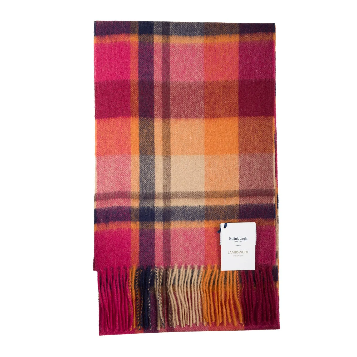 Edinburgh 100% Lambswool Tartan Scarf Myriad Check - Spice/Magenta