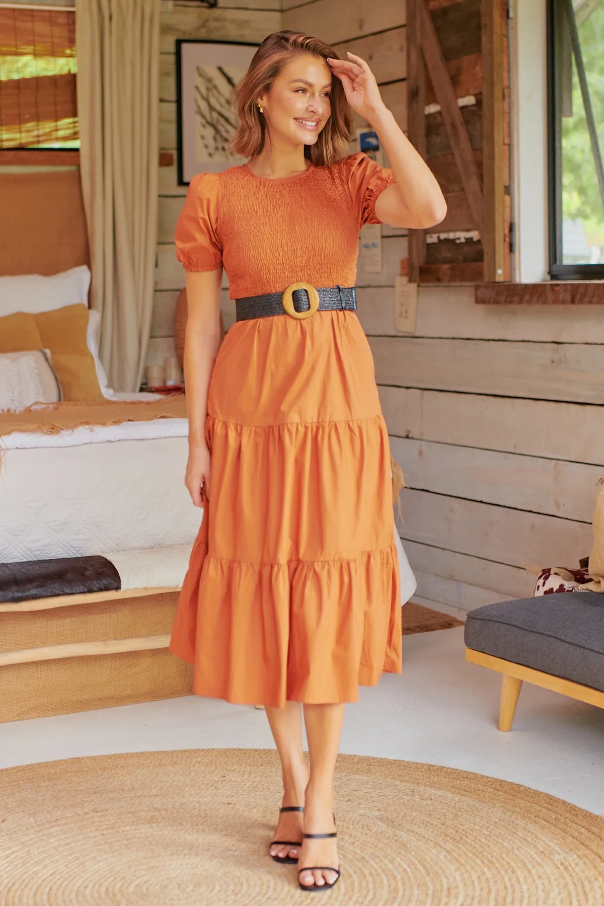 Edna Rust Shirred Bust Tiered Maxi Dress