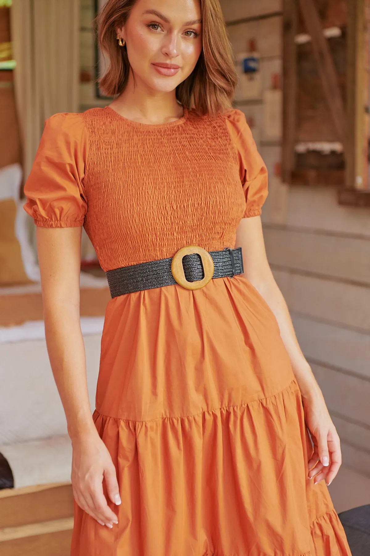 Edna Rust Shirred Bust Tiered Maxi Dress