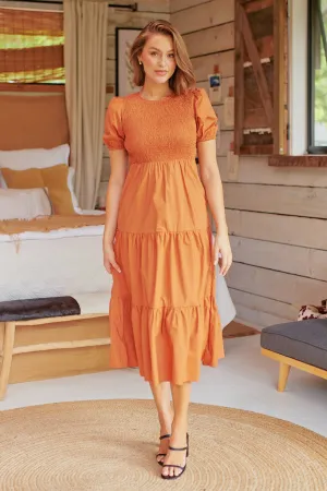 Edna Rust Shirred Bust Tiered Maxi Dress