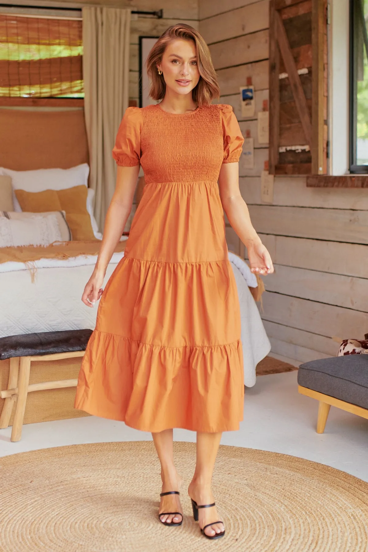 Edna Rust Shirred Bust Tiered Maxi Dress