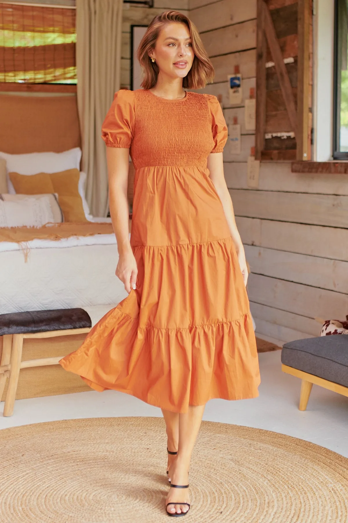 Edna Rust Shirred Bust Tiered Maxi Dress