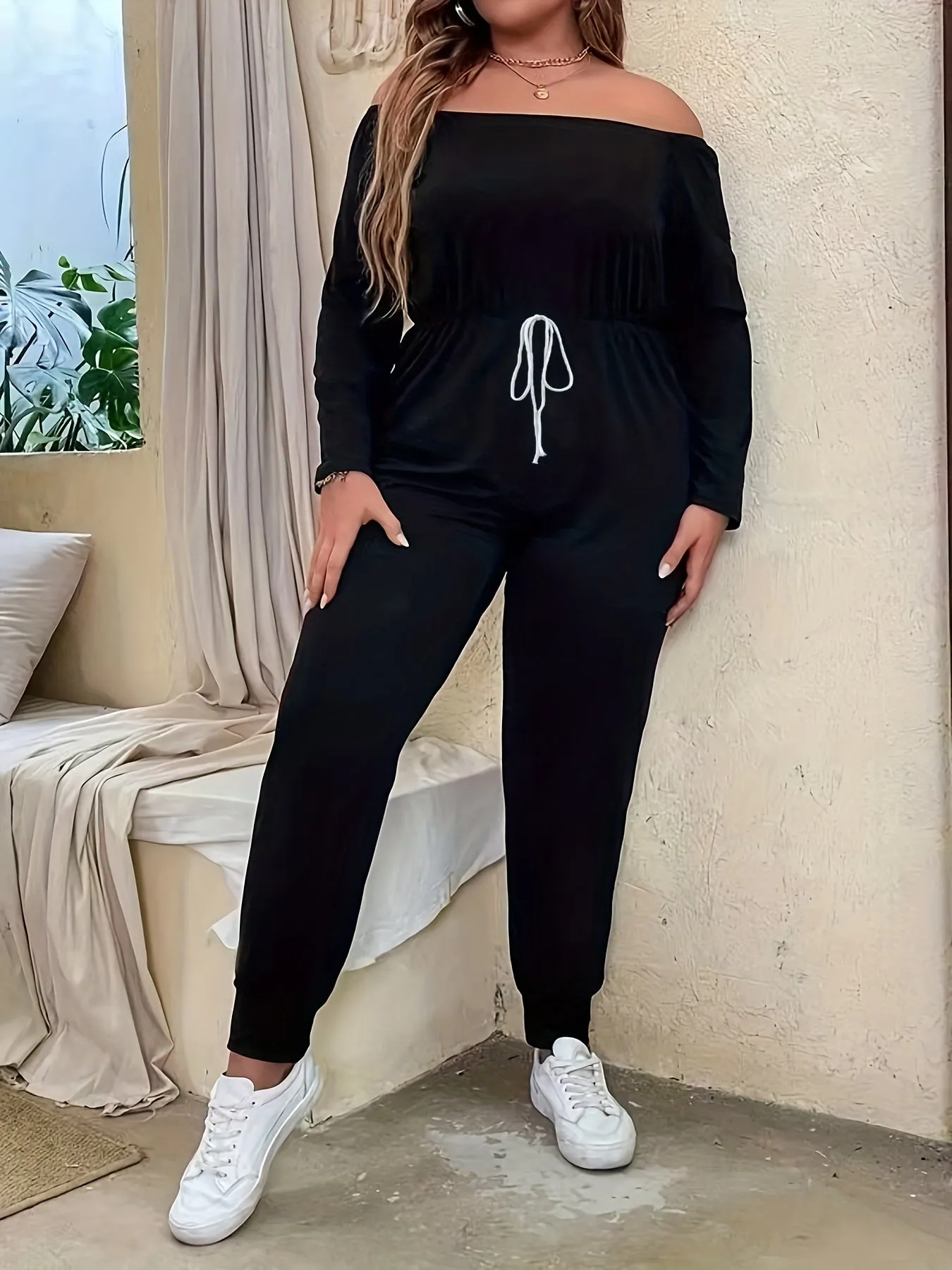 Effortless Sophistication Women's Plus Solid Off-Shoulder Knot Jumpsuit