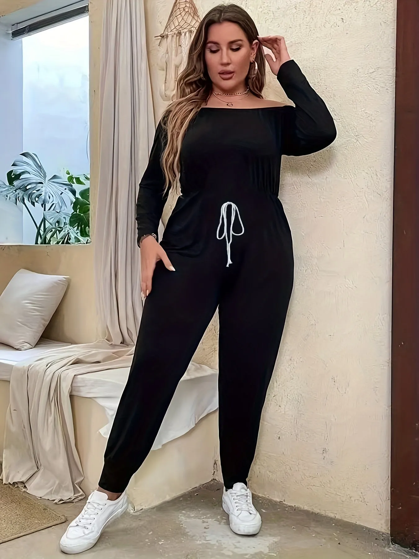 Effortless Sophistication Women's Plus Solid Off-Shoulder Knot Jumpsuit