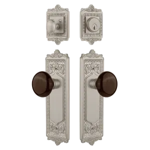 Egg & Dart Entry Set with Brown Porcelain Knob in Satin Nickel