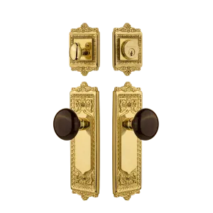 Egg & Dart Entry Set with Brown Porcelain Knob in Unlacquered Brass