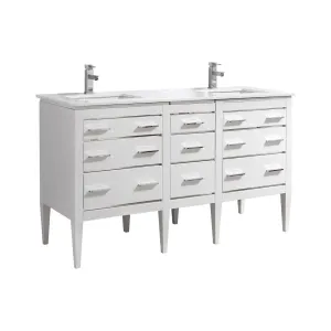 Eiffel 60'' Double Sink High Gloss White Vanity W/ Quartz Counter Top