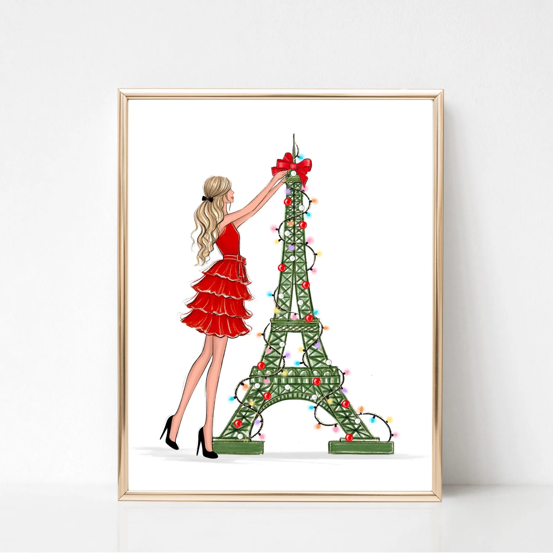 Eiffel tower green Christmas tree art print fashion illustration