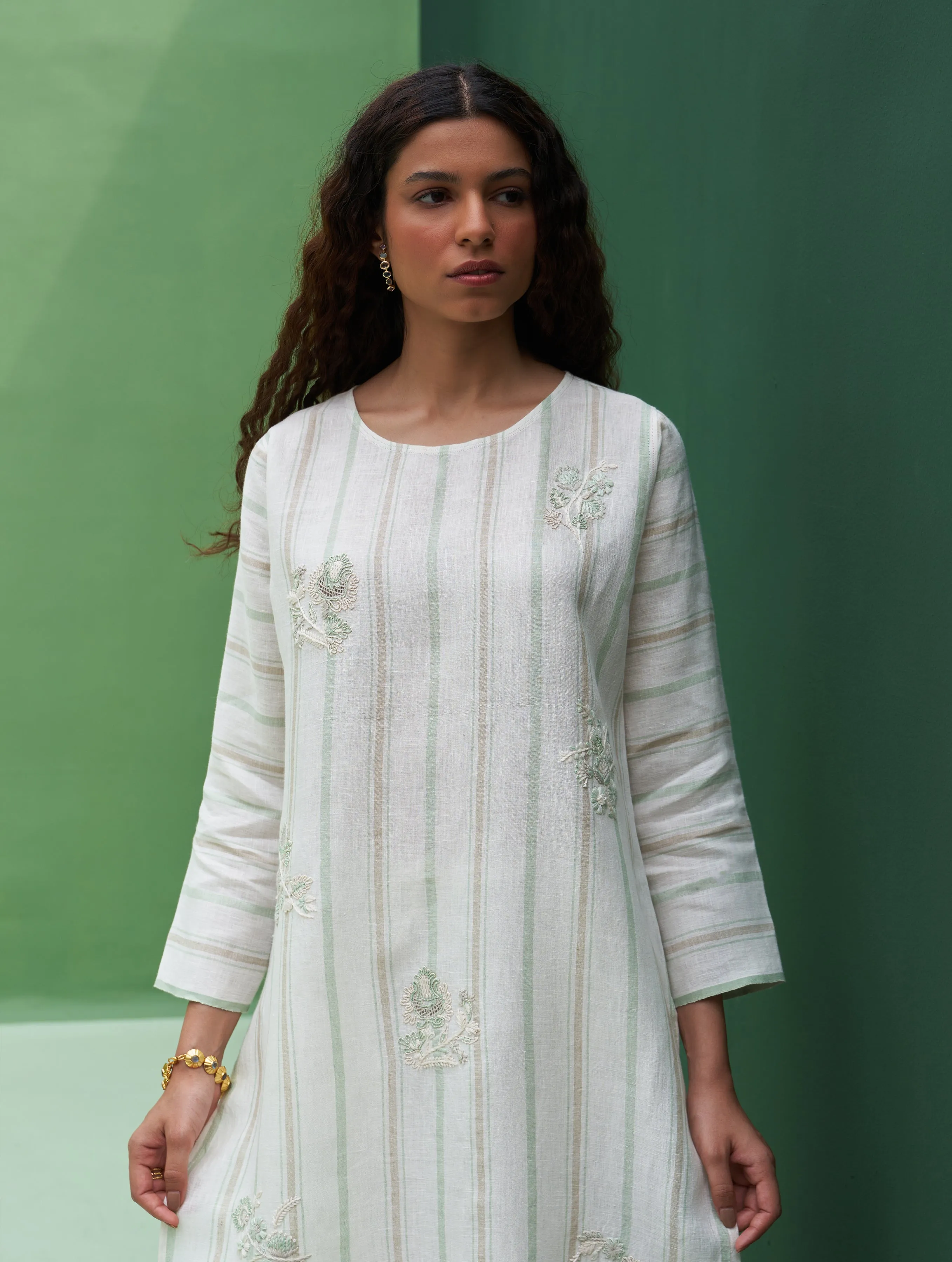 Eiko Striped Linen Kurta - Mint