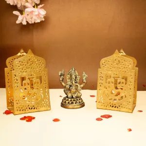 Ekhasa 100% Pure Brass Ganesha Idol & Tealight Candle Holder (Size: 8.4 cm) | Pital Ganesh Murti for Pooja Room, Home Decor, Office Desk, Car Dashboard | Vinayagar Statue for Diwali Puja (Combo Set)