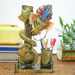 Ekhasa Metallic Antique Ganesha Aesthetic Pen Stand For Study Table and Office Desk | Decorative Pen Holder for Home, Living Room,Office, and Tabletop | Gift for Décor Items