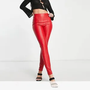 Elastic Mid Waist Faux  Leather Pencil Pants