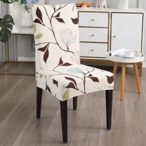 Elastic Stretchable Dining Chair Cover, Beige Brown Leaves