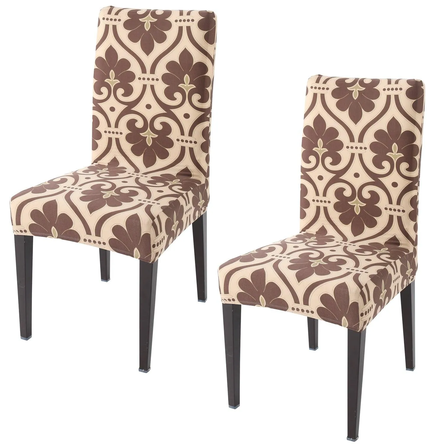 Elastic Stretchable Dining Chair Cover, Beige Damask