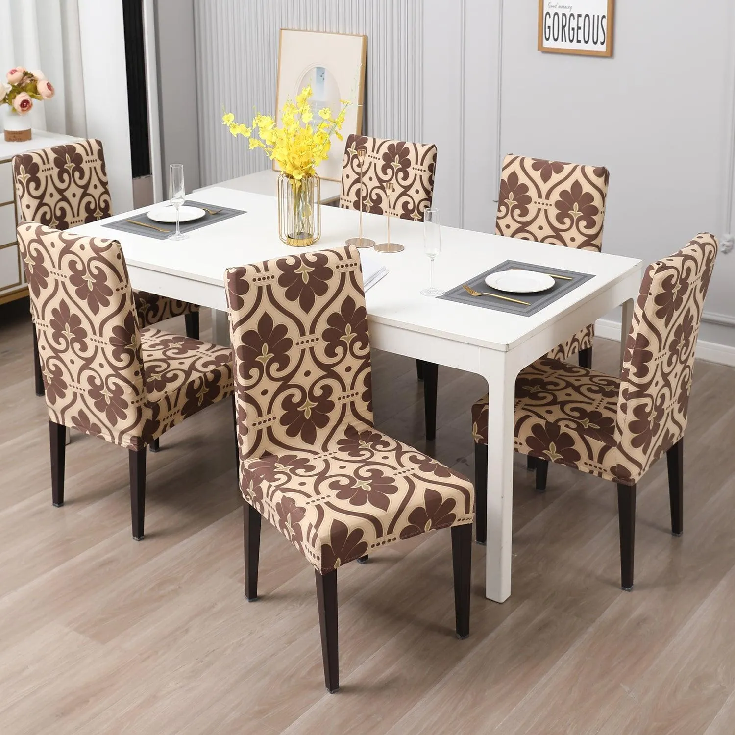 Elastic Stretchable Dining Chair Cover, Beige Damask