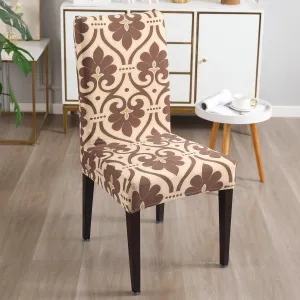 Elastic Stretchable Dining Chair Cover, Beige Damask