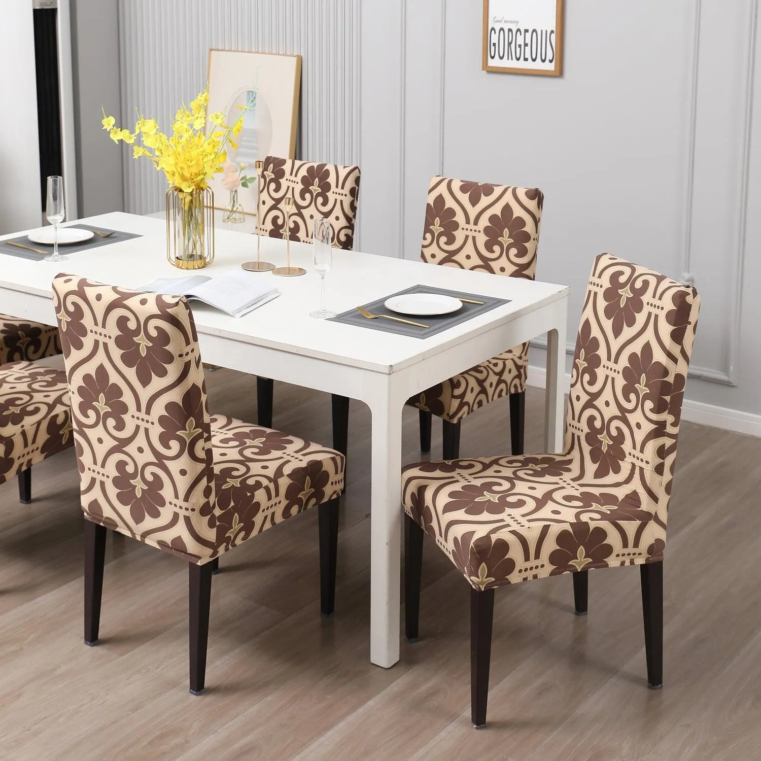 Elastic Stretchable Dining Chair Cover, Beige Damask