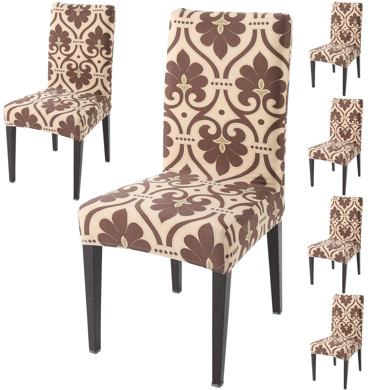 Elastic Stretchable Dining Chair Cover, Beige Damask