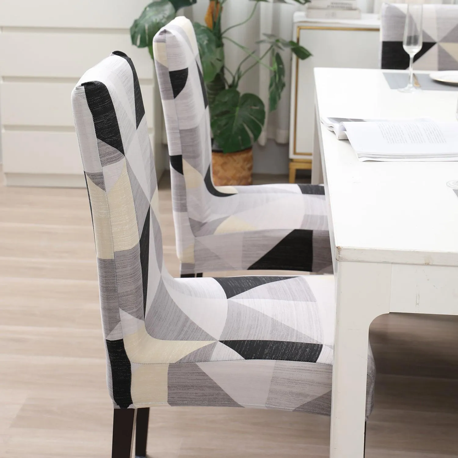 Elastic Stretchable Dining Chair Cover, Black Grey Geometric