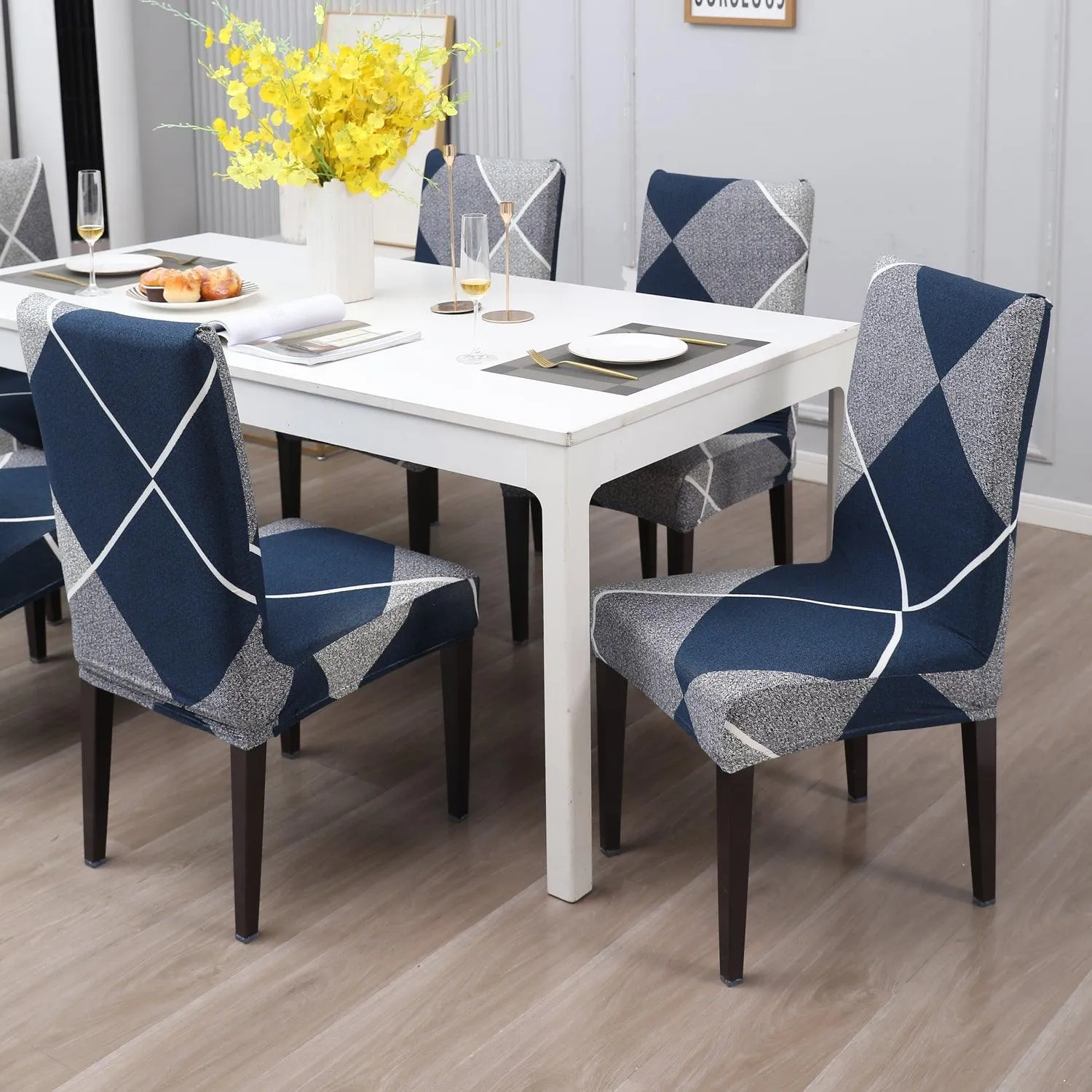 Elastic Stretchable Dining Chair Cover, Blue Rhombus