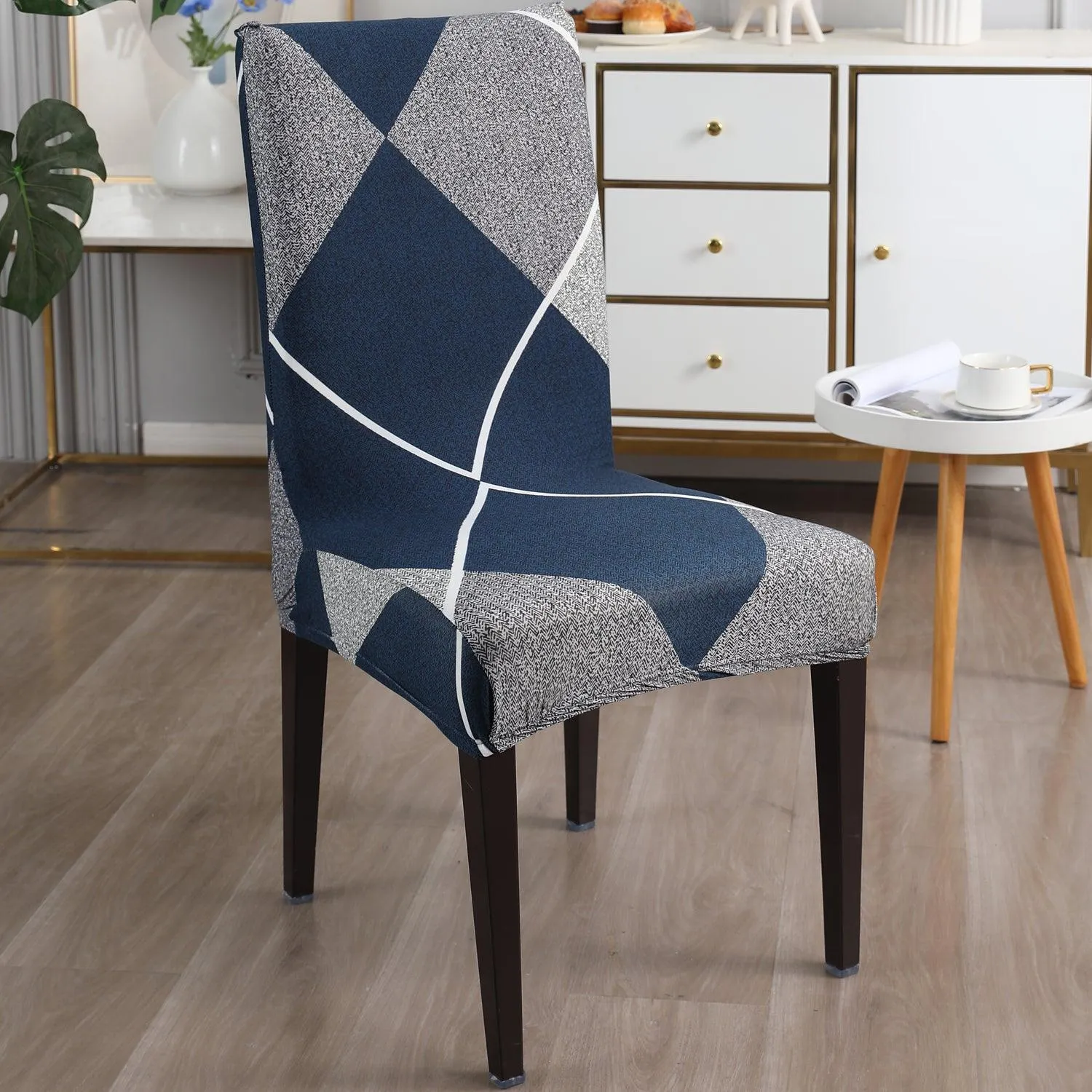 Elastic Stretchable Dining Chair Cover, Blue Rhombus