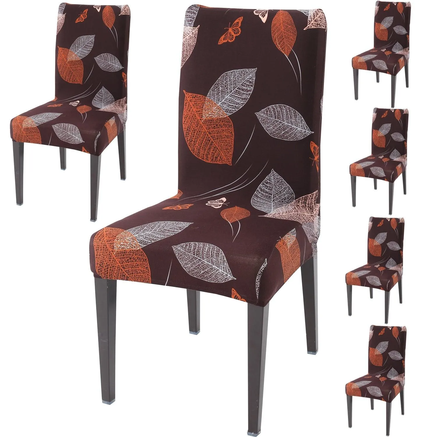 Elastic Stretchable Dining Chair Cover, Dark Brown Leaf