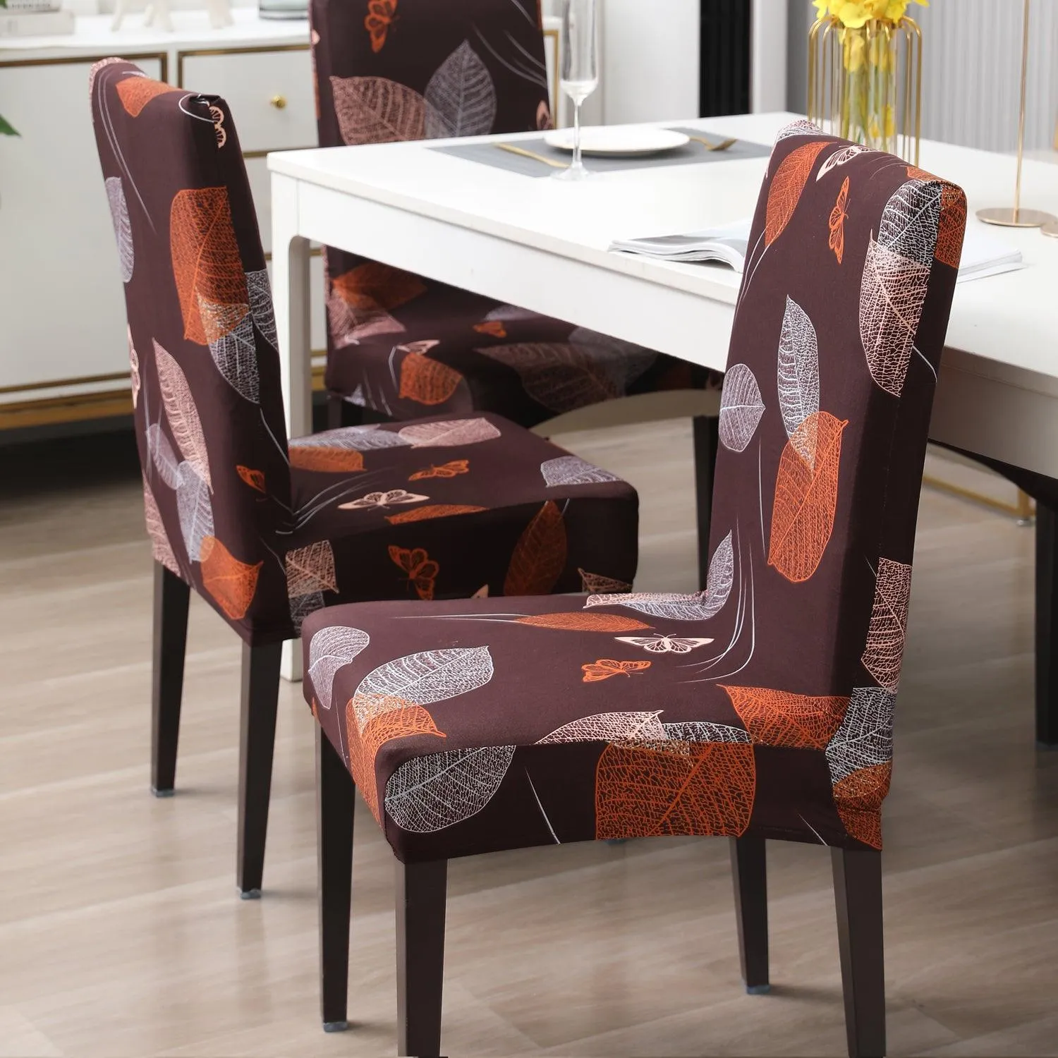 Elastic Stretchable Dining Chair Cover, Dark Brown Leaf