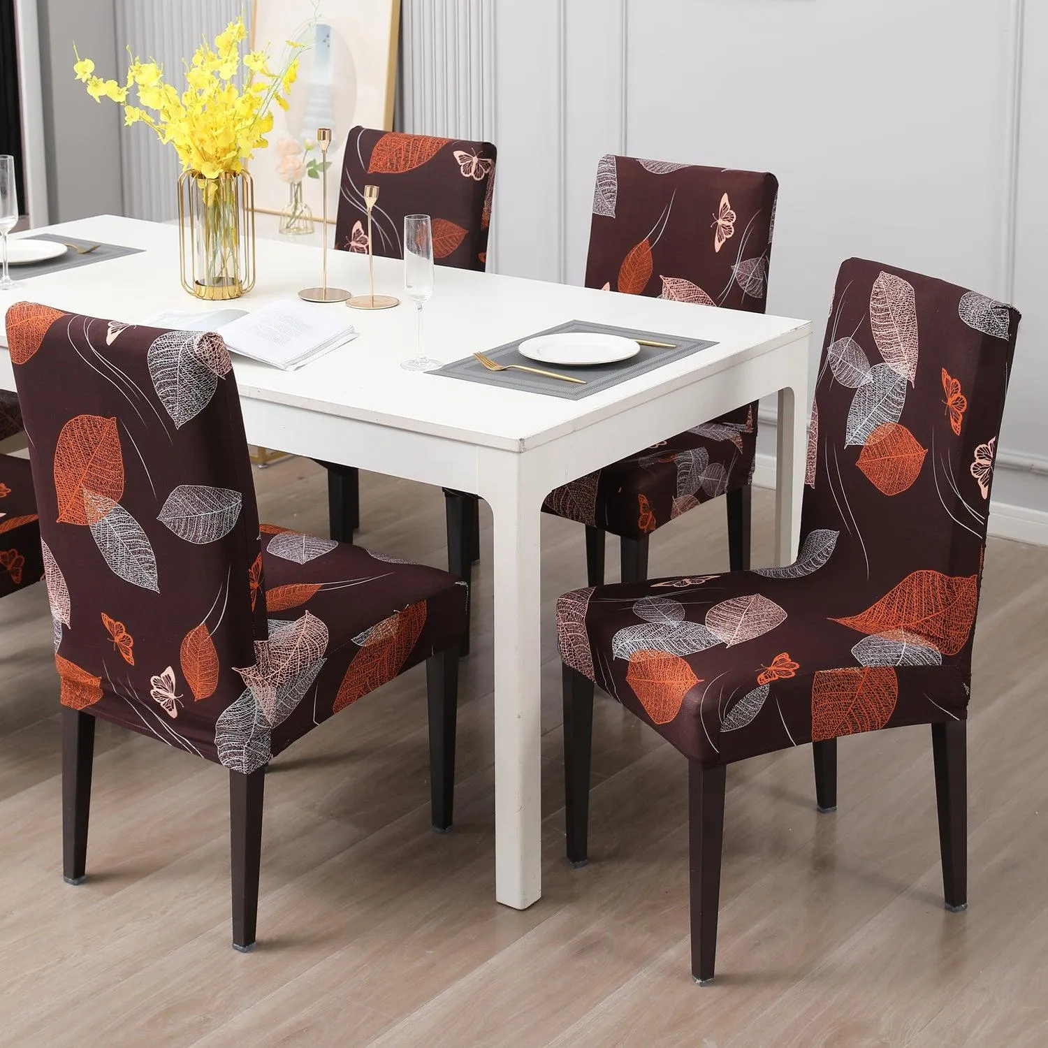 Elastic Stretchable Dining Chair Cover, Dark Brown Leaf