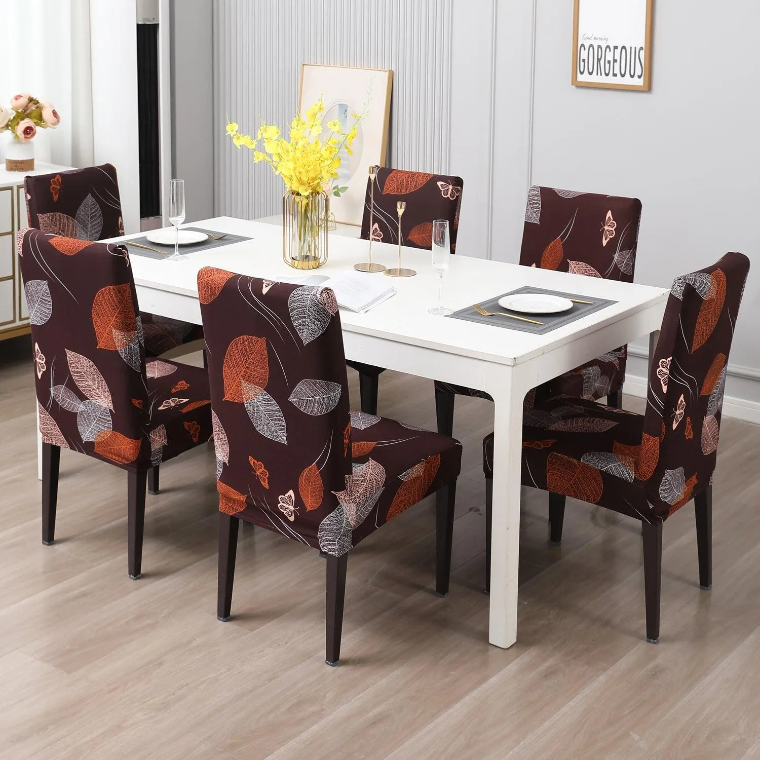 Elastic Stretchable Dining Chair Cover, Dark Brown Leaf