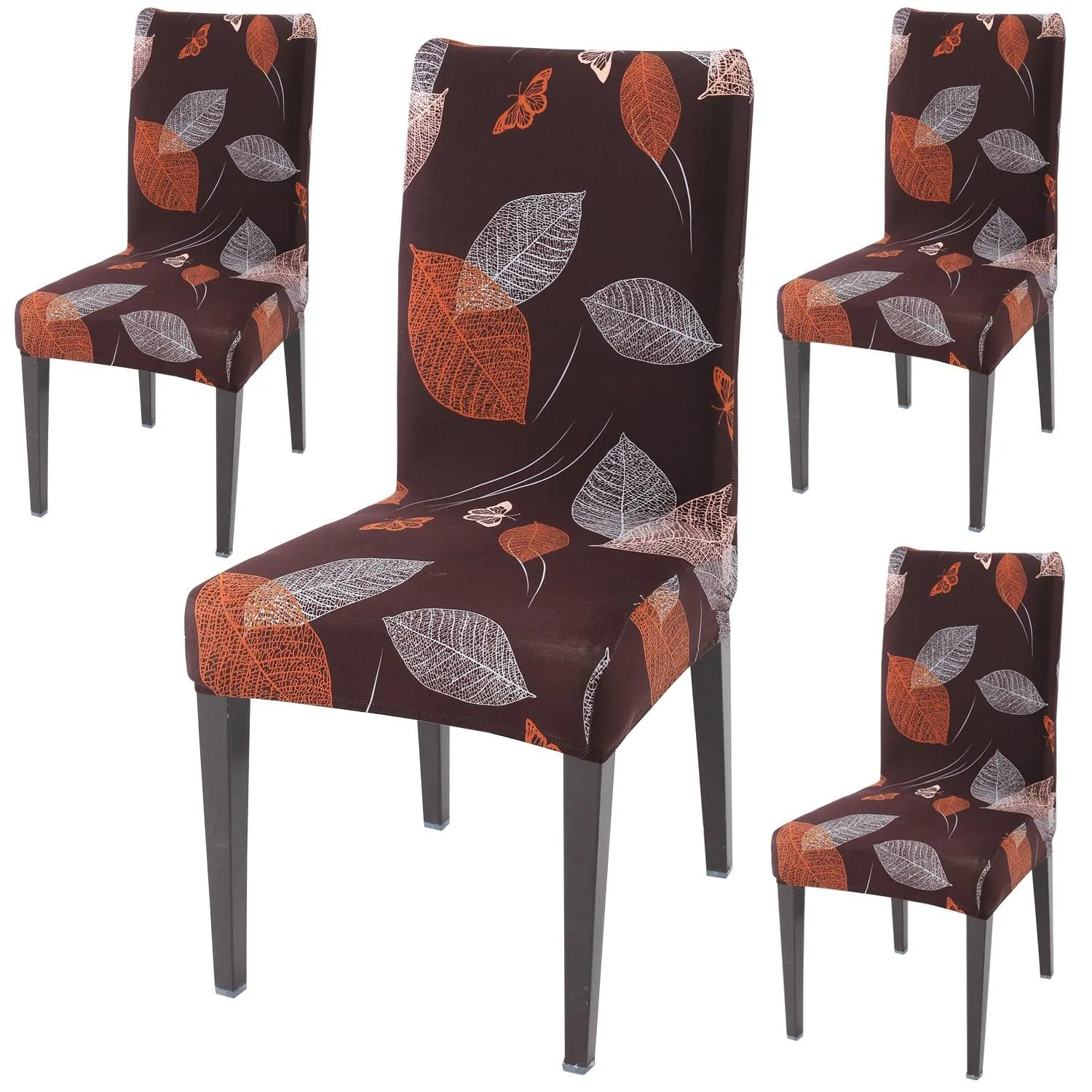 Elastic Stretchable Dining Chair Cover, Dark Brown Leaf