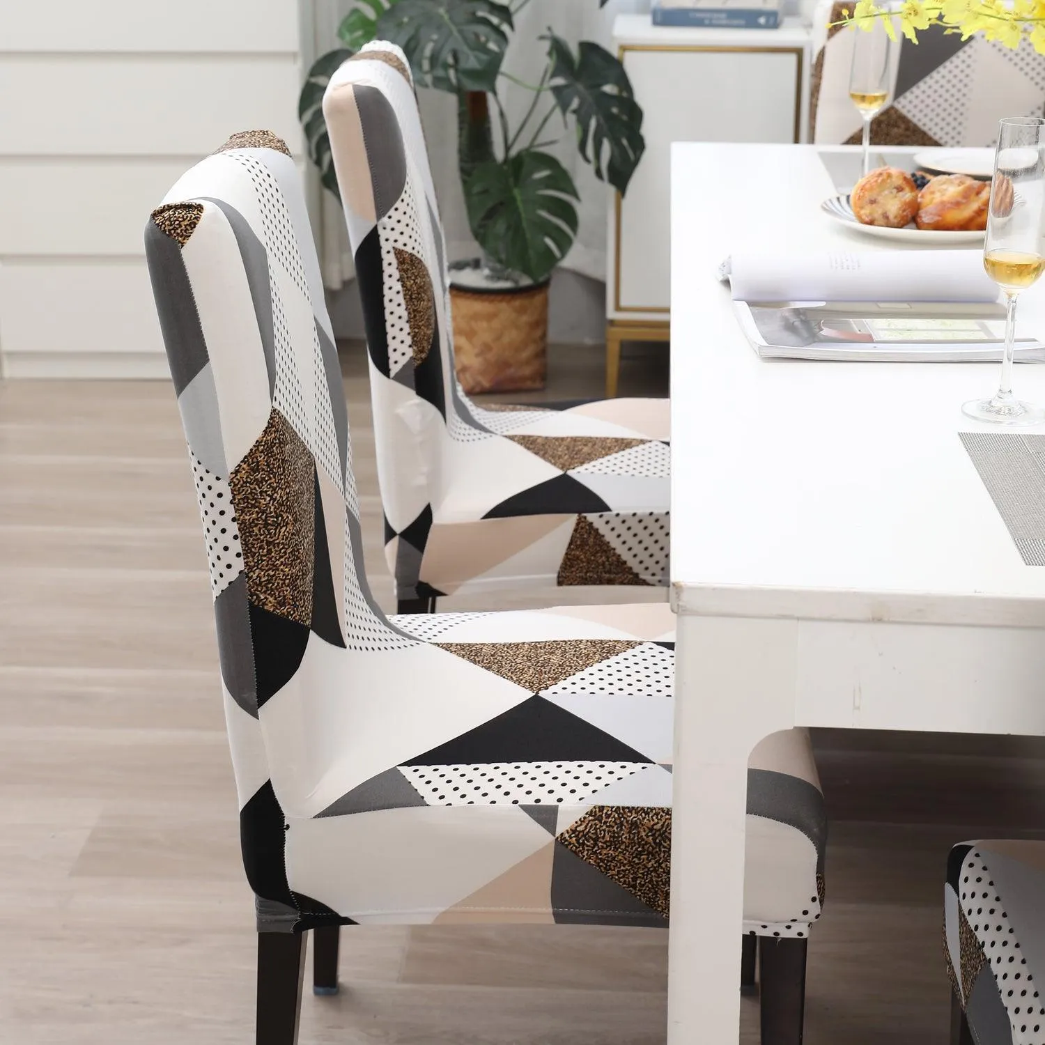 Elastic Stretchable Dining Chair Cover, Grey Brown Geometric