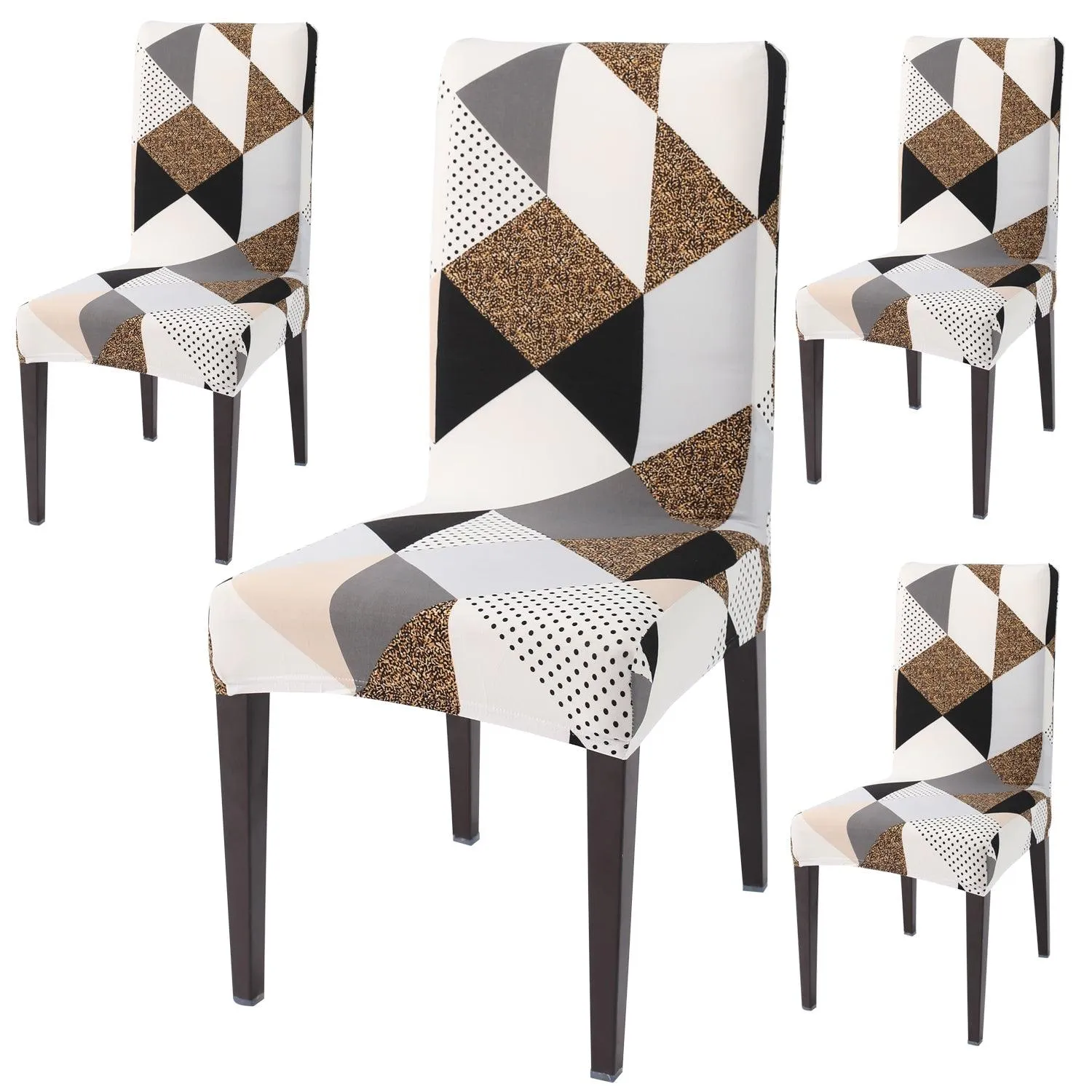 Elastic Stretchable Dining Chair Cover, Grey Brown Geometric