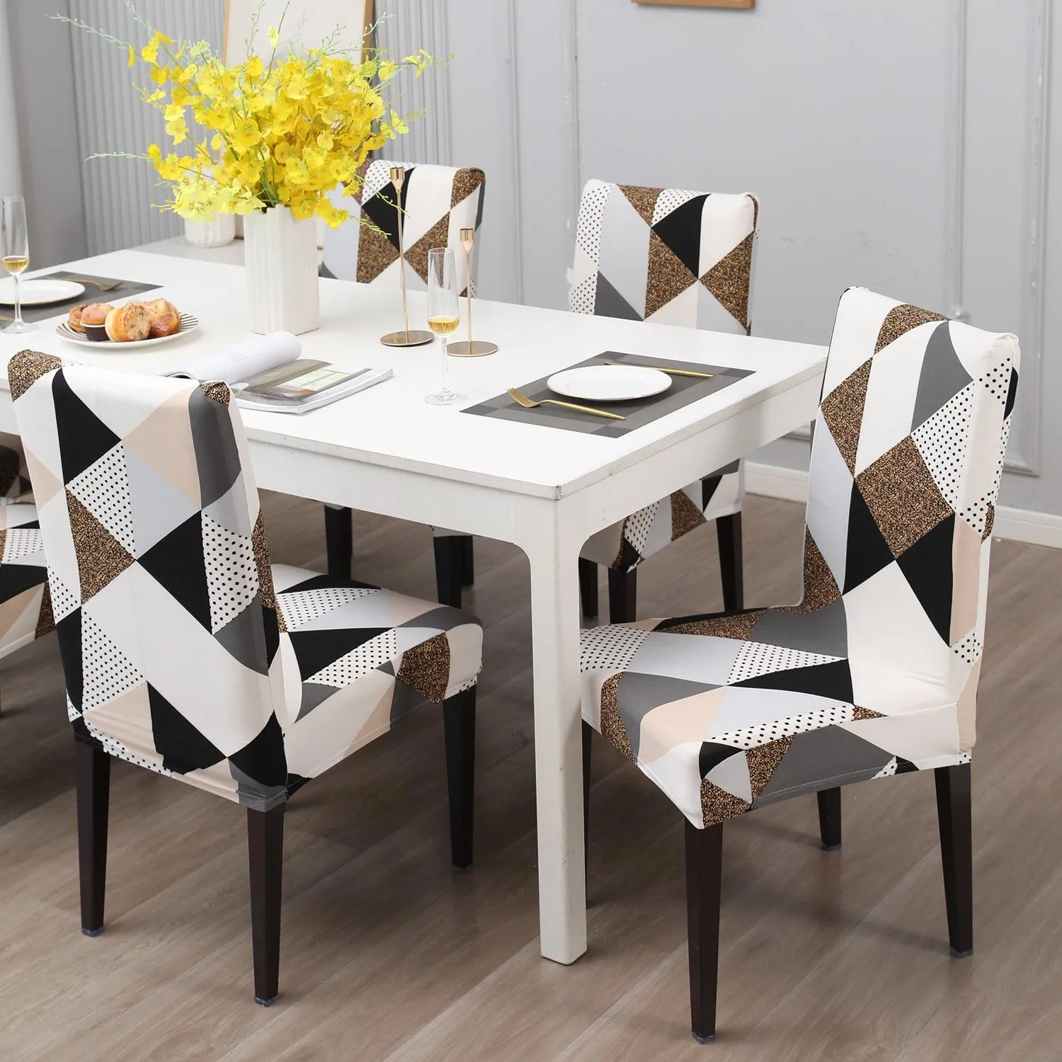 Elastic Stretchable Dining Chair Cover, Grey Brown Geometric