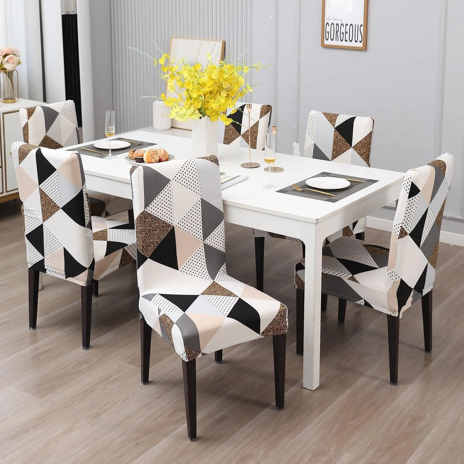 Elastic Stretchable Dining Chair Cover, Grey Brown Geometric