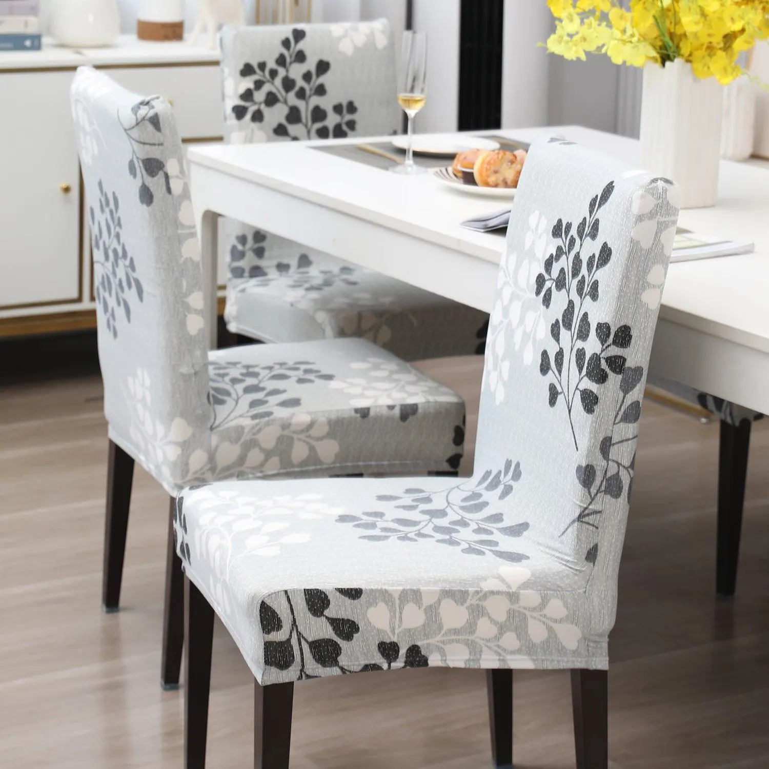 Elastic Stretchable Dining Chair Cover, Grey Leaves