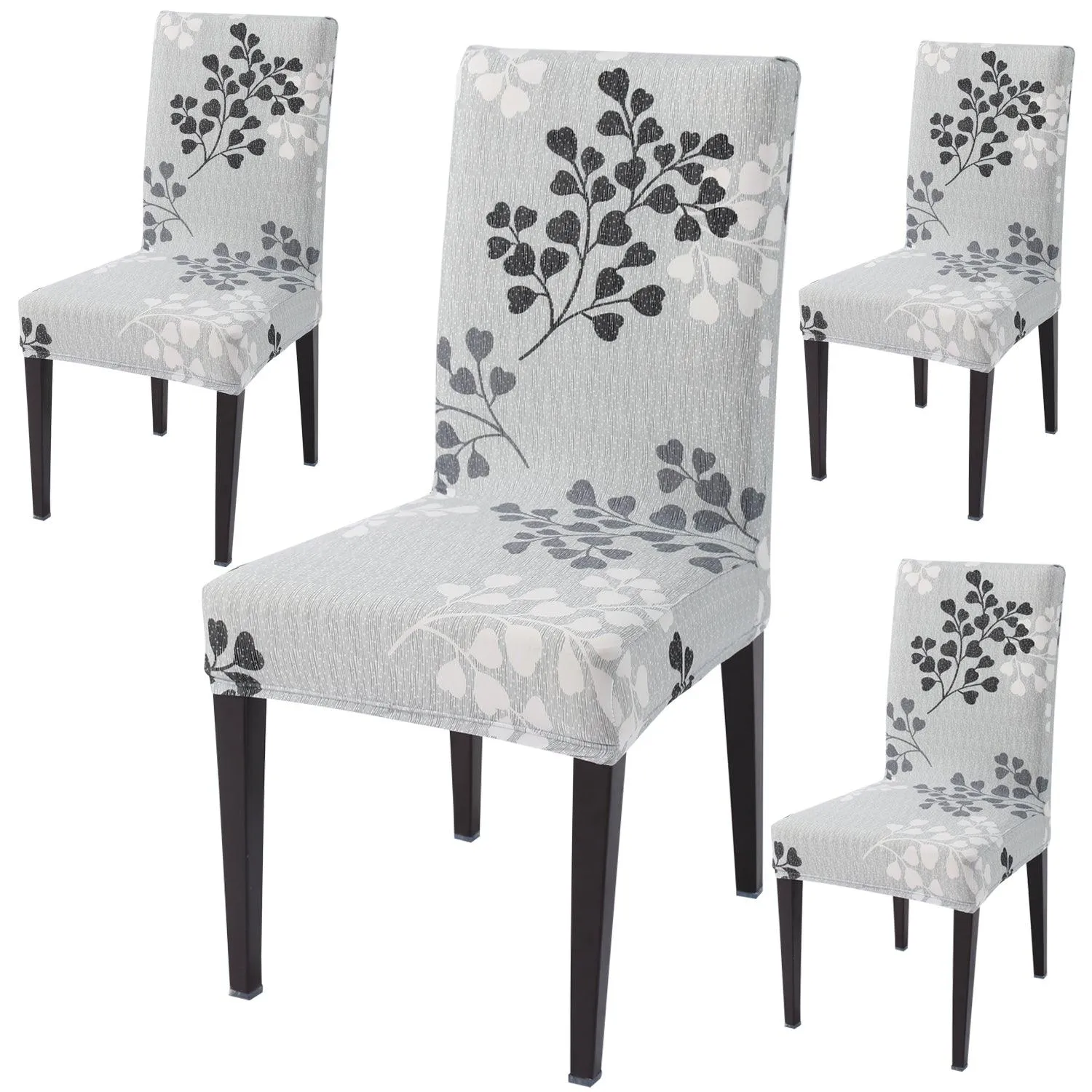 Elastic Stretchable Dining Chair Cover, Grey Leaves