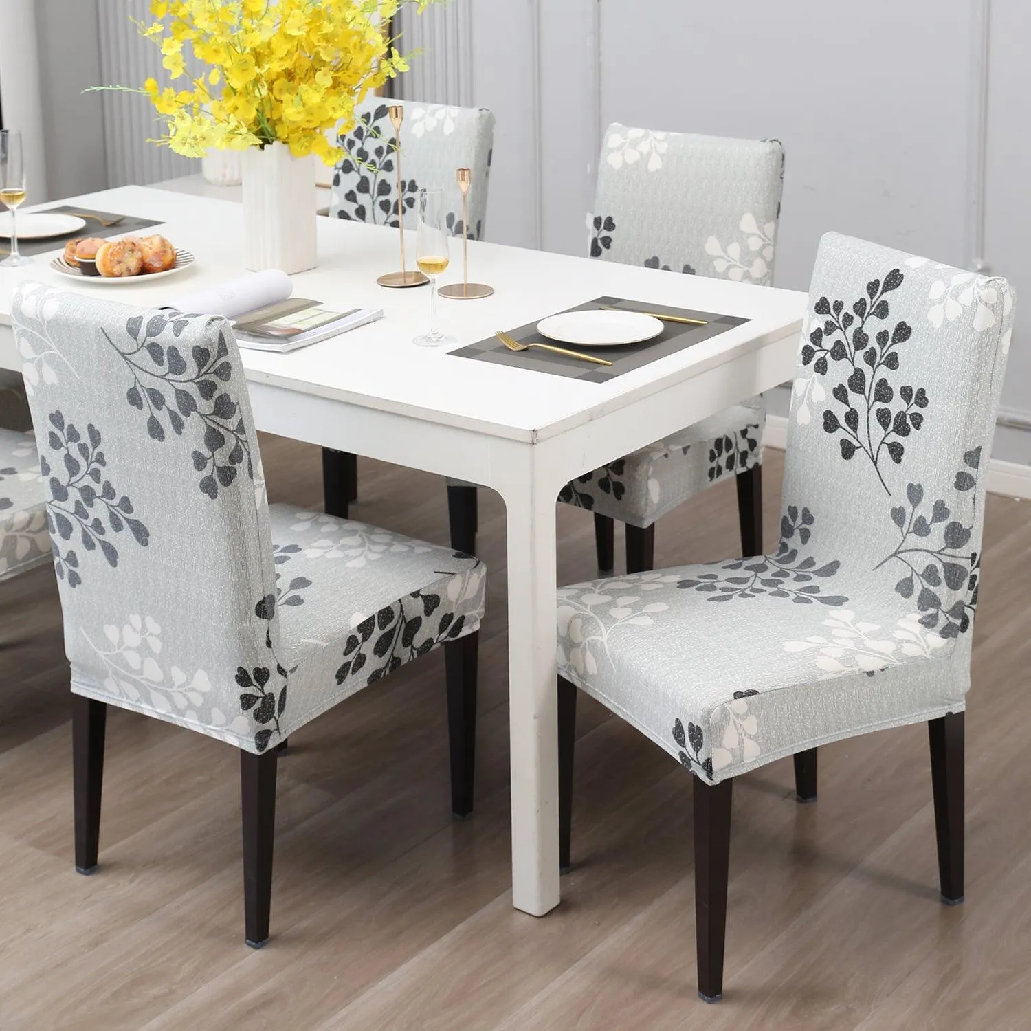 Elastic Stretchable Dining Chair Cover, Grey Leaves