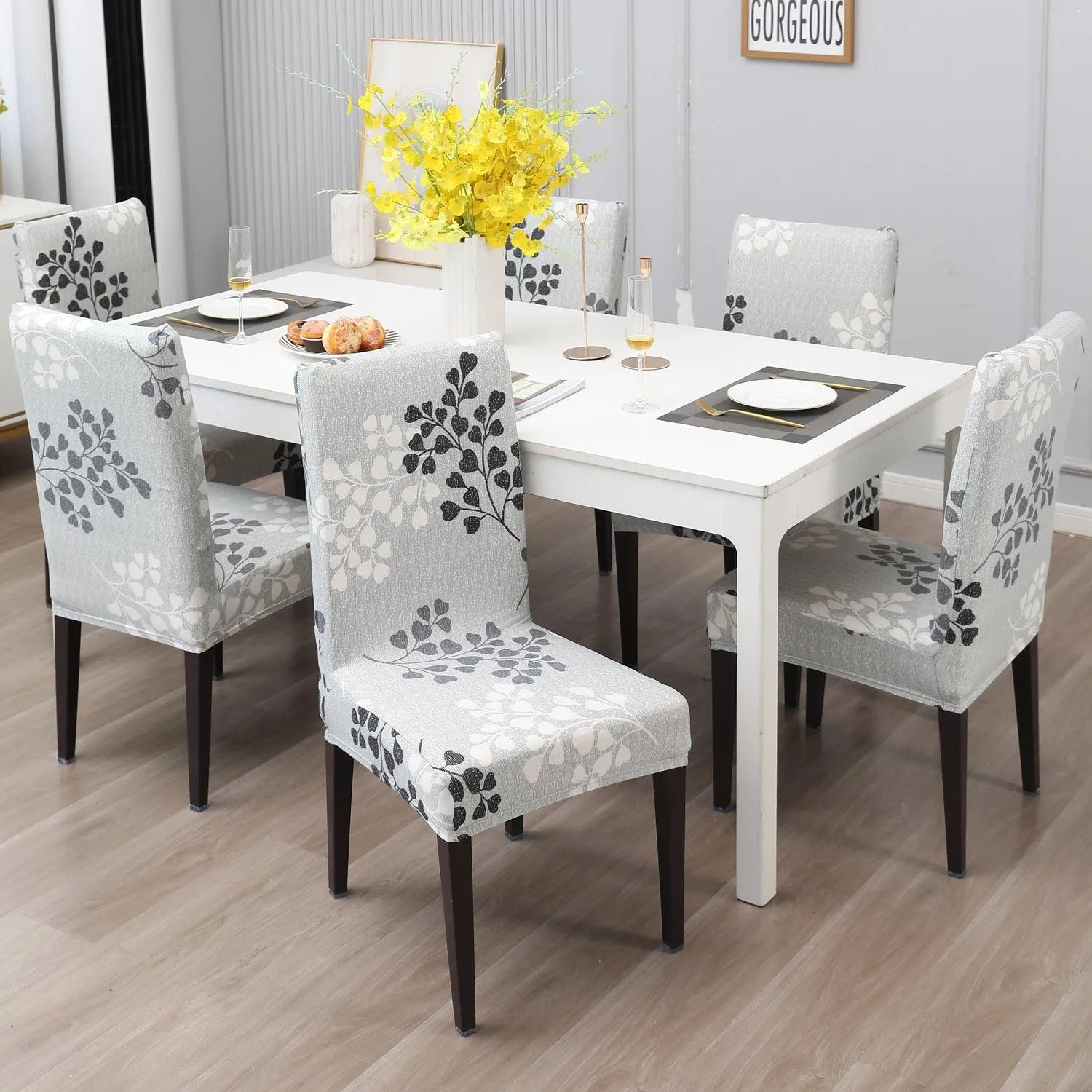 Elastic Stretchable Dining Chair Cover, Grey Leaves