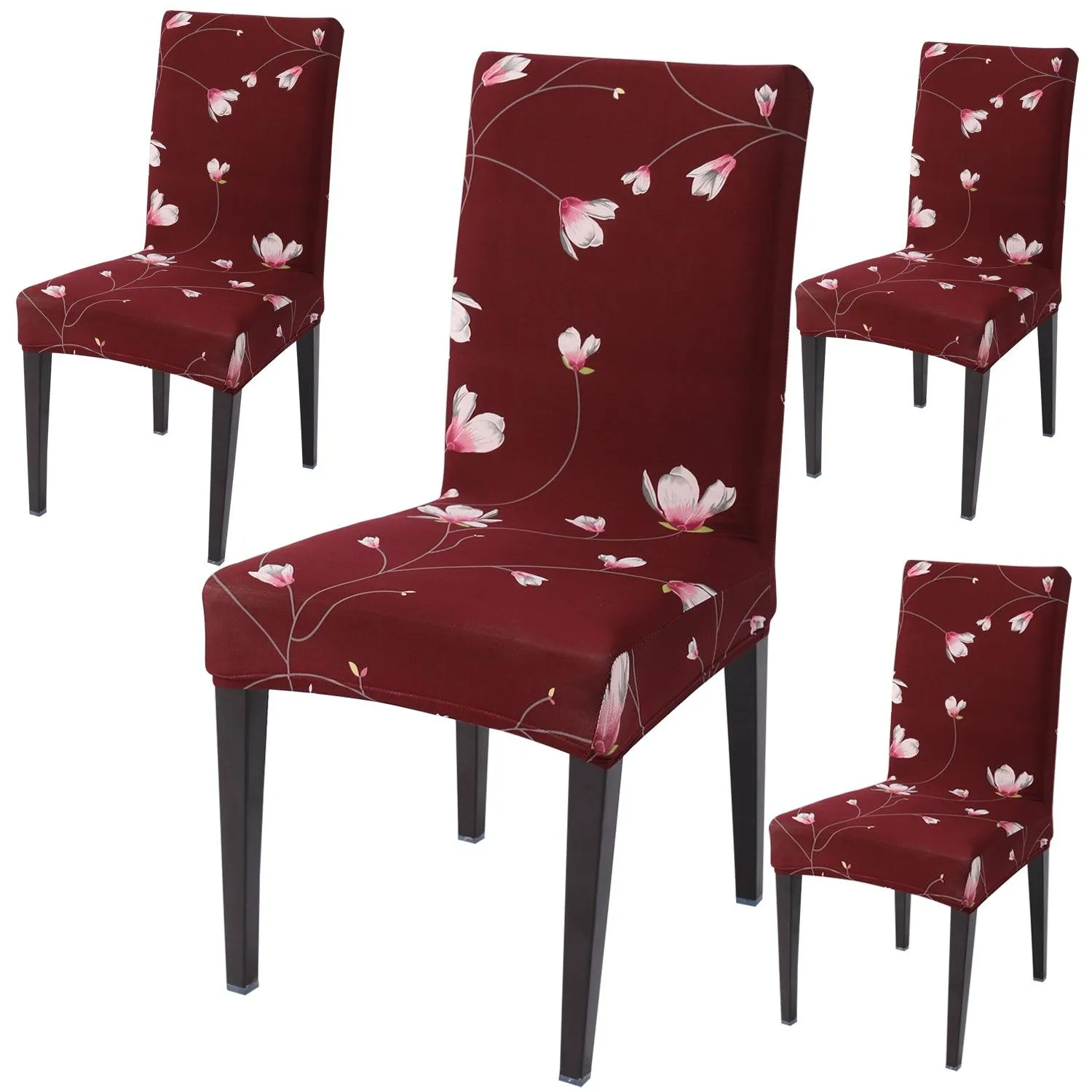 Elastic Stretchable Dining Chair Cover, Wine Red Flowers