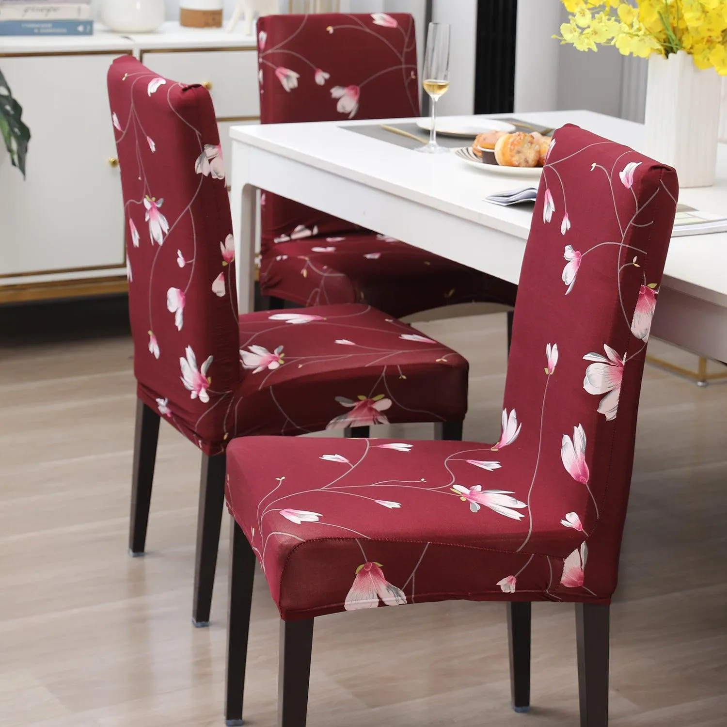 Elastic Stretchable Dining Chair Cover, Wine Red Flowers