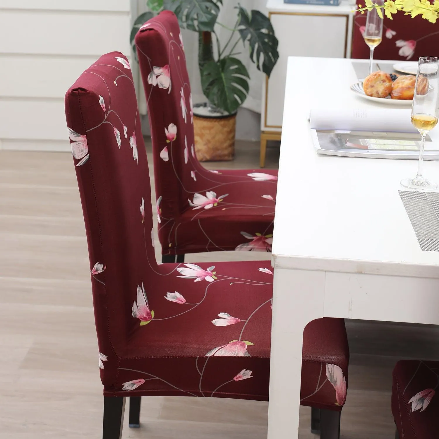 Elastic Stretchable Dining Chair Cover, Wine Red Flowers