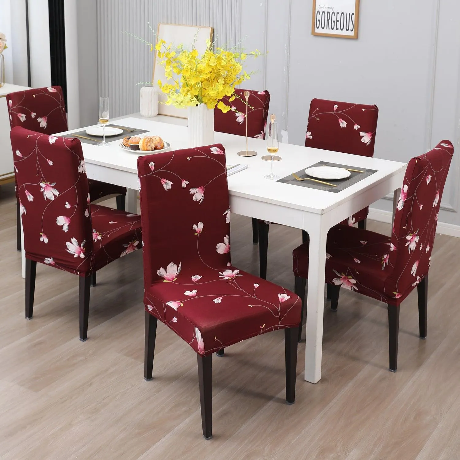 Elastic Stretchable Dining Chair Cover, Wine Red Flowers