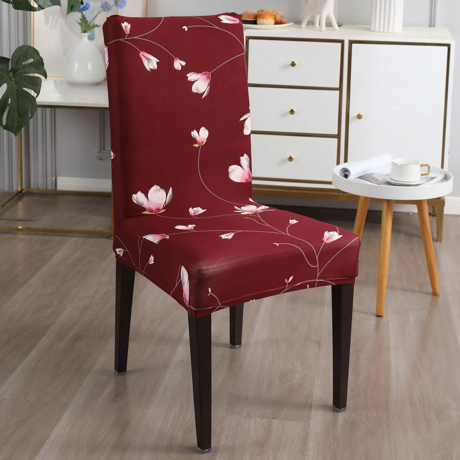 Elastic Stretchable Dining Chair Cover, Wine Red Flowers