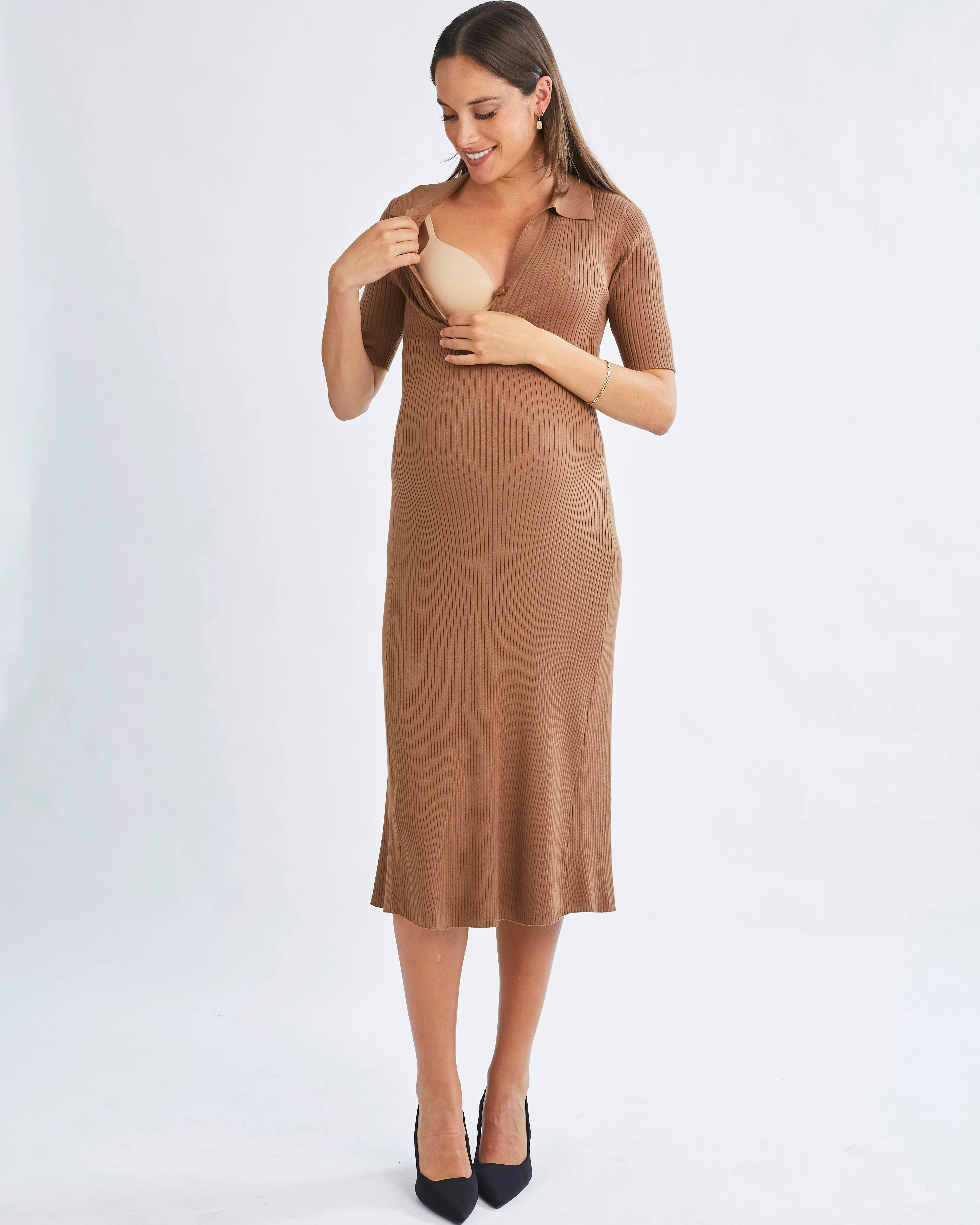 Eleanor Elegance Knit Maternity Midi Dress in Camel